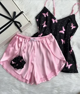 ست تاپ و شورتک ساتن طرح پروانه