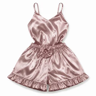 تاپ و شلوارک ساتن چین دار رنگ بژ تیره